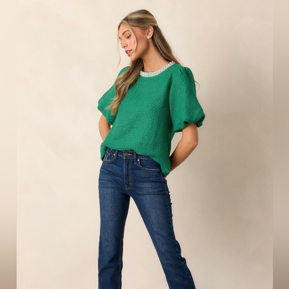 Green Tweed Blouse with Pearl Detail - Picture 2 of 13